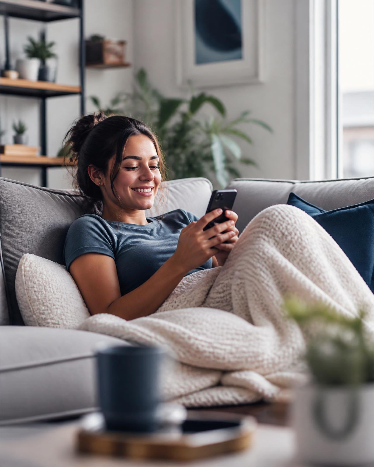 Junge Person entspannt zuhause auf dem Sofa mit Smartphone