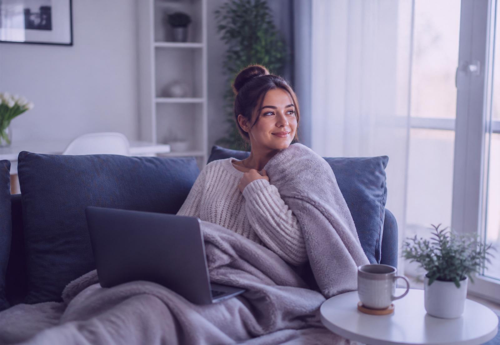 Junge Person entspannt zuhause unter einer Decke mit Laptop und Tee